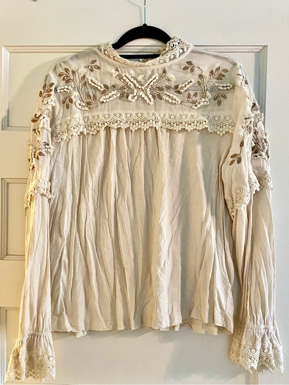 Anthropologie Embroidered Lace Yoke Cream Boho Blouse